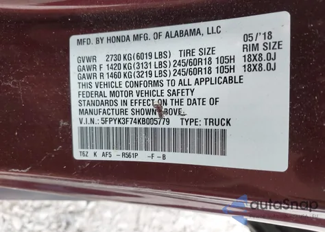 2019 Honda Ridgeline Rtl-E z USA, uszkodzony, nr VIN 5FPYK3F74KB005779